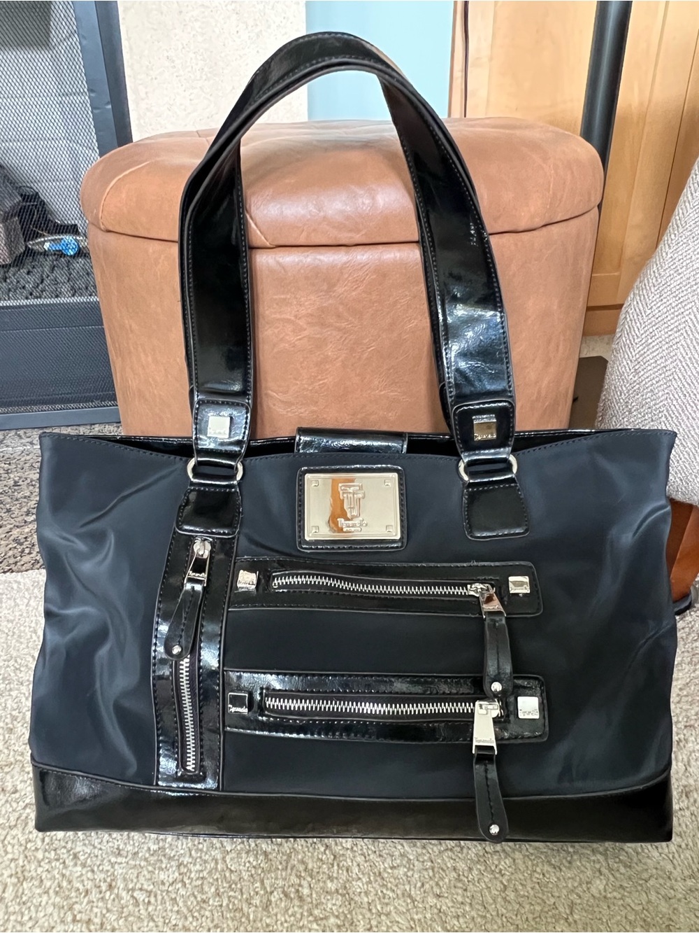Tignanello Black Nylon Perfect Pockets Tote Bag w/ Faux Patent Trim